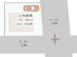 土地面積２４坪の整形地。６．２ｍ×５．２ｍ東南角地
