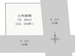 土地面積２４坪の整形地。６．２ｍ×５．２ｍ東南角地