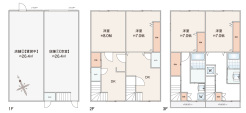 ２つの店舗と２ＤＫ×２の間取。２世帯住宅としても利用可能