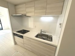 お手入れのしやすい人工大理石トップのシステムキッチン。収納スペースも豊富。３口コンロでお料理の幅も広がりますね。