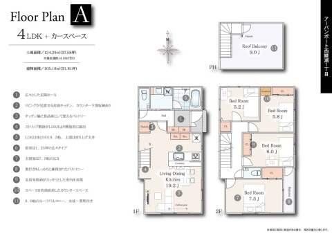 【Ａ号棟間取図】ＬＤＫは１９．２帖と広々。建物３１坪の大型４ＬＤＫ