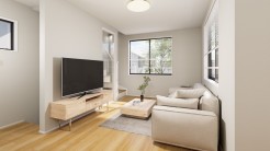 【完成イメージパース】リビングが見渡せる人気の対面キッチンを採用。お料理しながら家族の会話も弾みます。目が届きますので小さなお子様がいるご家庭でも安心。