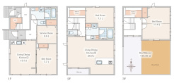 39平米のルーフバルコニーが付いた1SLDK+2LDKの二世帯住宅。3階部分のお部屋は6.2帖と5.4帖の洋室に間仕切りして3LDKにも変更可能