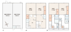 2つの店舗と2DK×2の間取。2世帯住宅としても利用可能