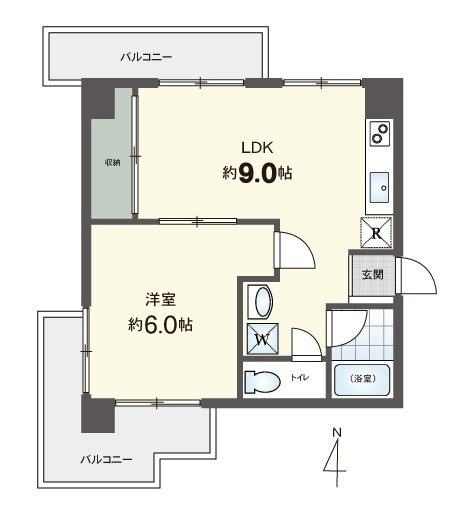 角部屋につき採光・通風良好！LDK9.0帖の1LDKタイプ。
